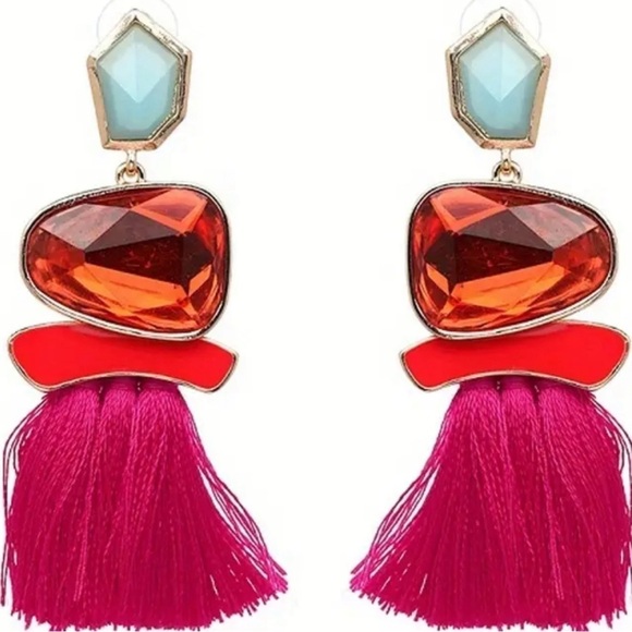 Zara Colorful Stone Gem Tassel Drop Earrings - Picture 4 of 13